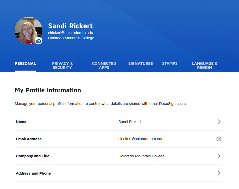 Personal Information button in upper left corner