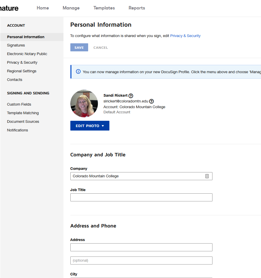 Personal Information button in upper left corner