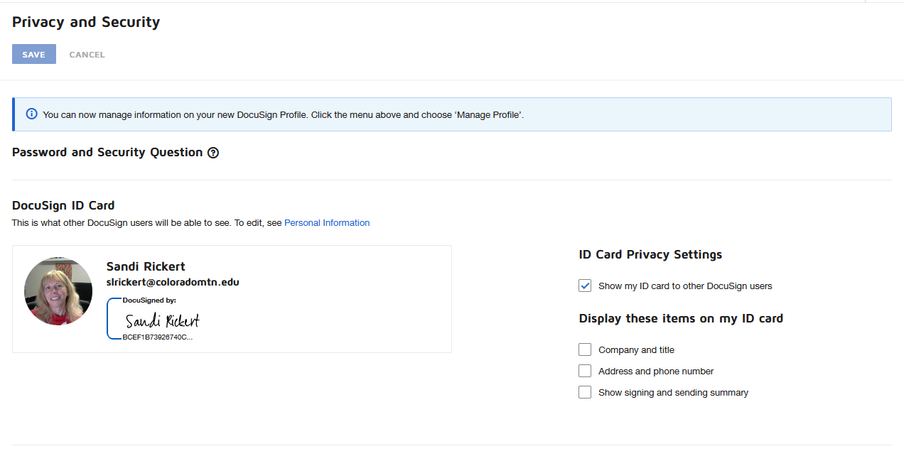 ID Card Privacy Settings - Check company and title