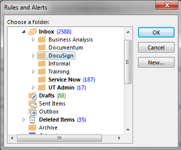 Rules and Alerts Dialog Rules and Alerts dialog for creating or selecting a folder to move emails into.